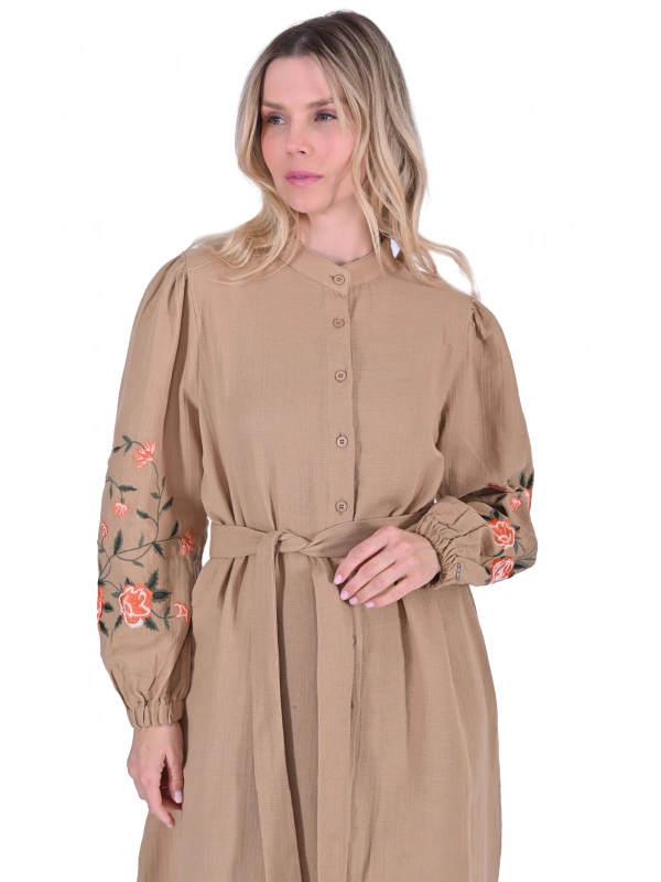 INVEE 6779 Keten Camel Gömlek Elbise