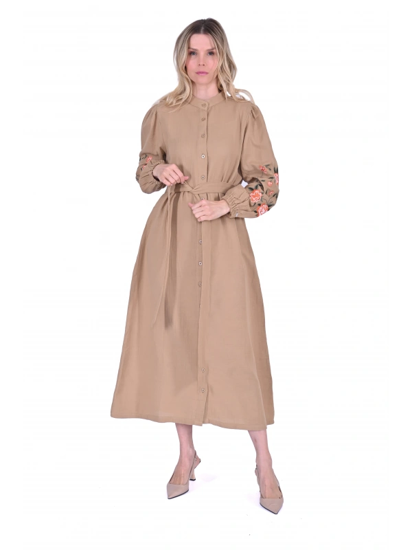 INVEE 6779 Keten Camel Gömlek Elbise