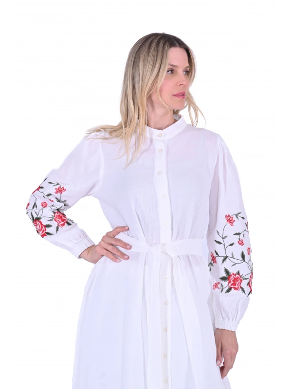 INVEE 6779 Keten Ekru Gömlek Elbise