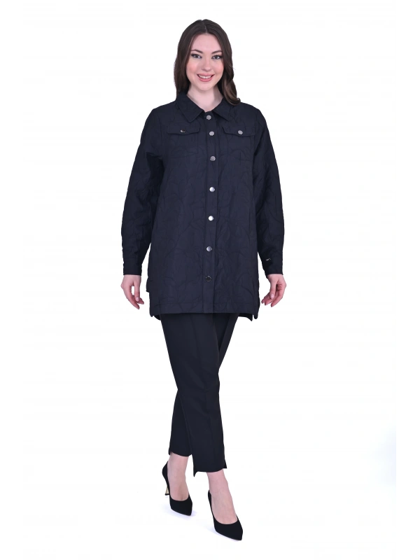 İNVEE 6827 Desenli Kapitone Ceket - Siyah