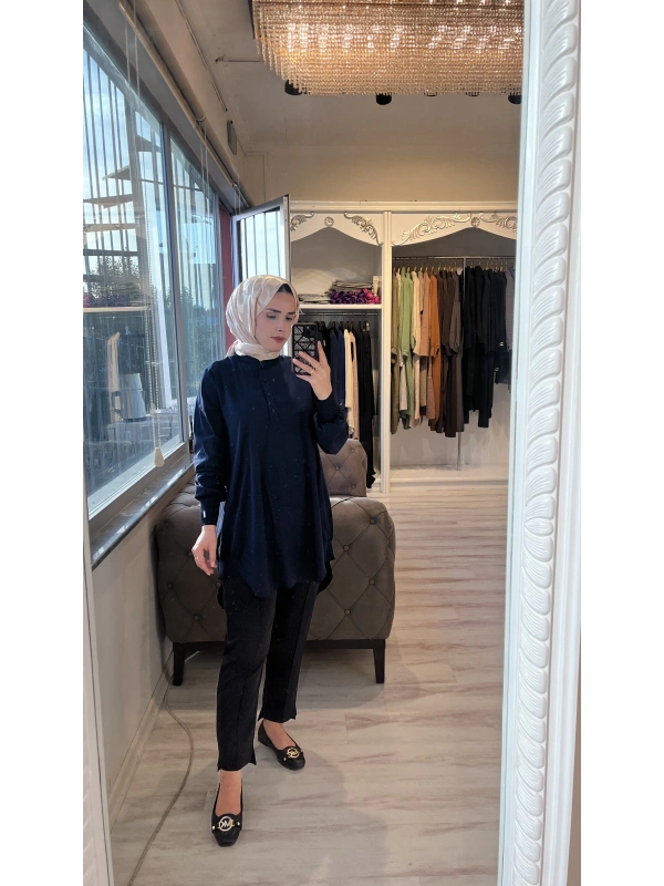 İNVEE 6834 Triko Detaylı Lacivert Gömlek