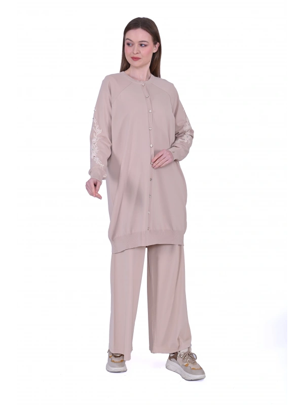 İNVEE 6846 Boncuk İşlemeli Güldalı Hırka - Fondöten