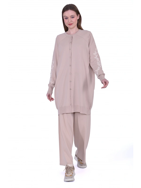 İNVEE 6846 Boncuk İşlemeli Güldalı Hırka - Fondöten