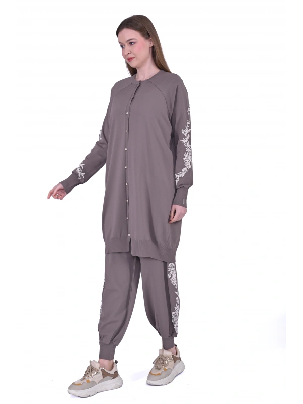 İNVEE 6846 Boncuk İşlemeli Güldalı Hırka - Vizon