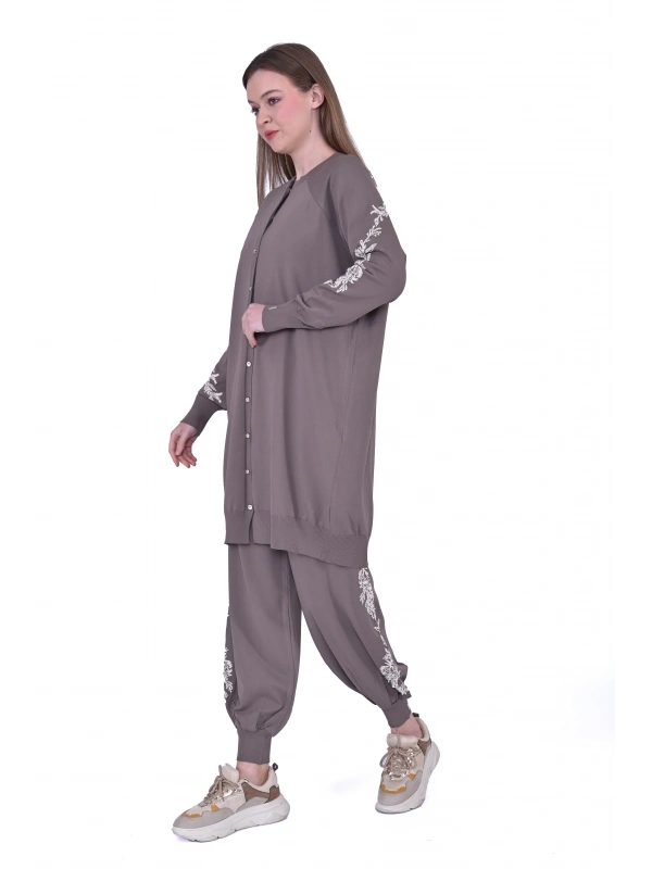 İNVEE 6846 Boncuk İşlemeli Güldalı Hırka - Vizon