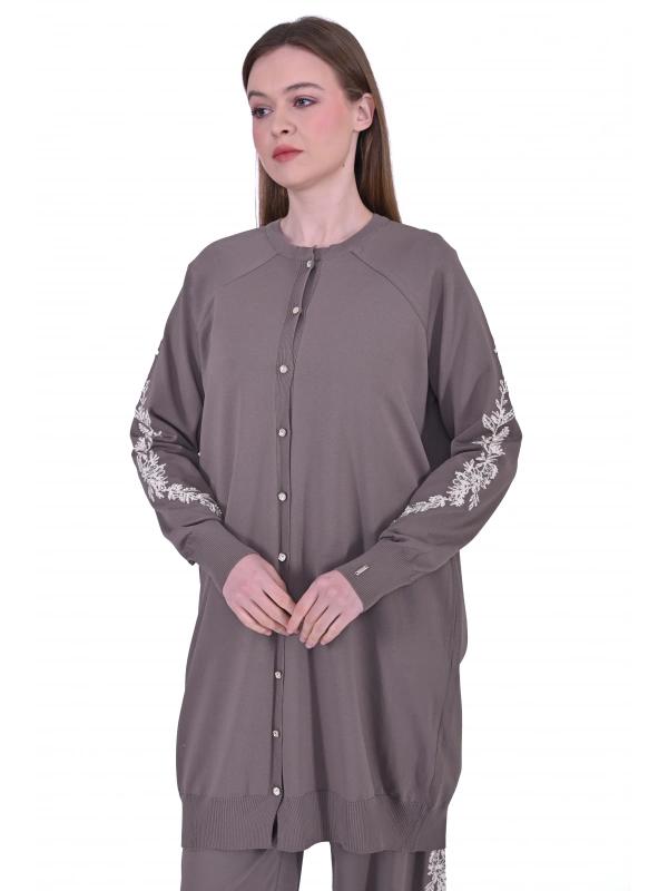 İNVEE 6846 Boncuk İşlemeli Güldalı Hırka - Vizon