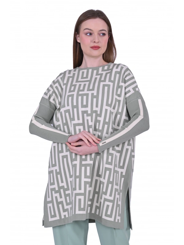 İNVEE 6872 Labirent Desen Triko Tunik - Çağla