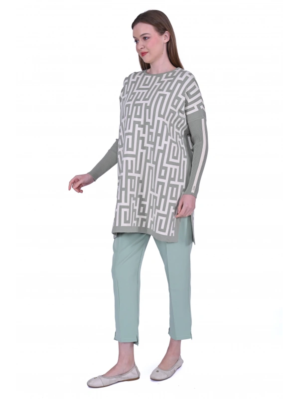 İNVEE 6872 Labirent Desen Triko Tunik - Çağla