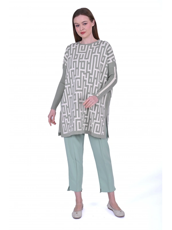 İNVEE 6872 Labirent Desen Triko Tunik - Çağla