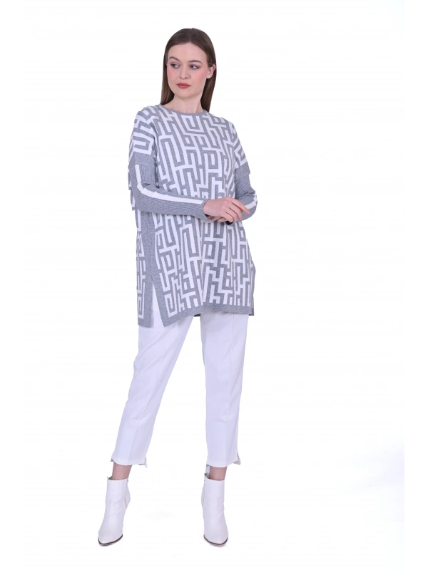 İNVEE 6872 Labirent Desen Triko Tunik - Gri