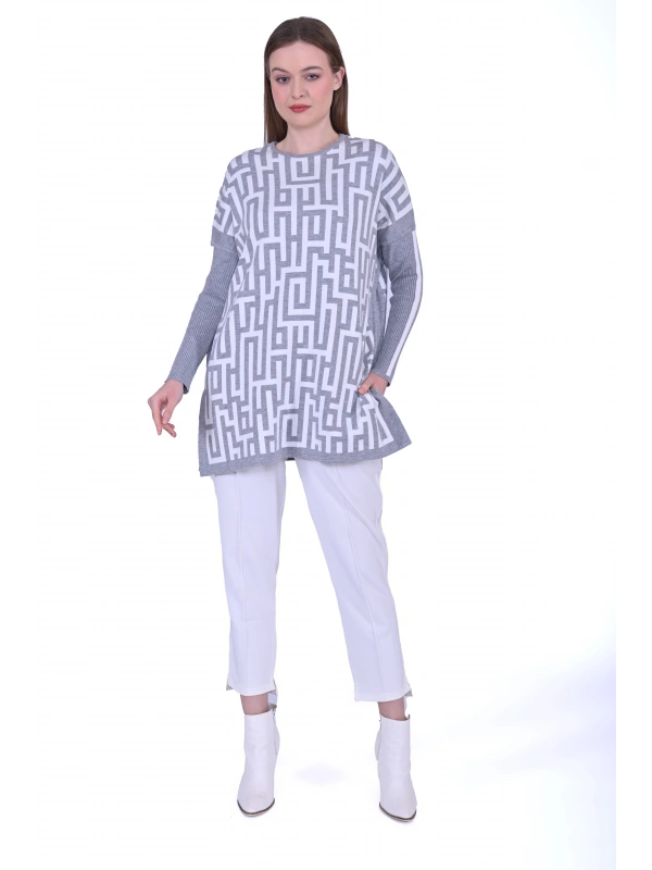 İNVEE 6872 Labirent Desen Triko Tunik - Gri