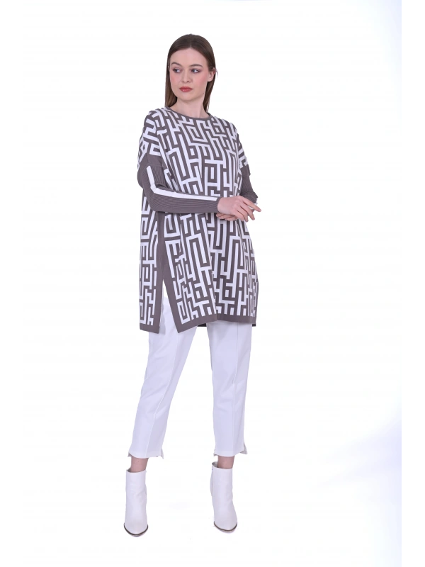 İNVEE 6872 Labirent Desen Triko Tunik - Vizon