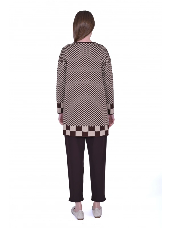 İNVEE 6873 Küp Desen Kahve Triko Tunik