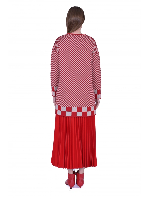 İNVEE 6873 Küp Desen Kırmızı Triko Tunik