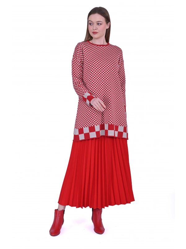 İNVEE 6873 Küp Desen Kırmızı Triko Tunik