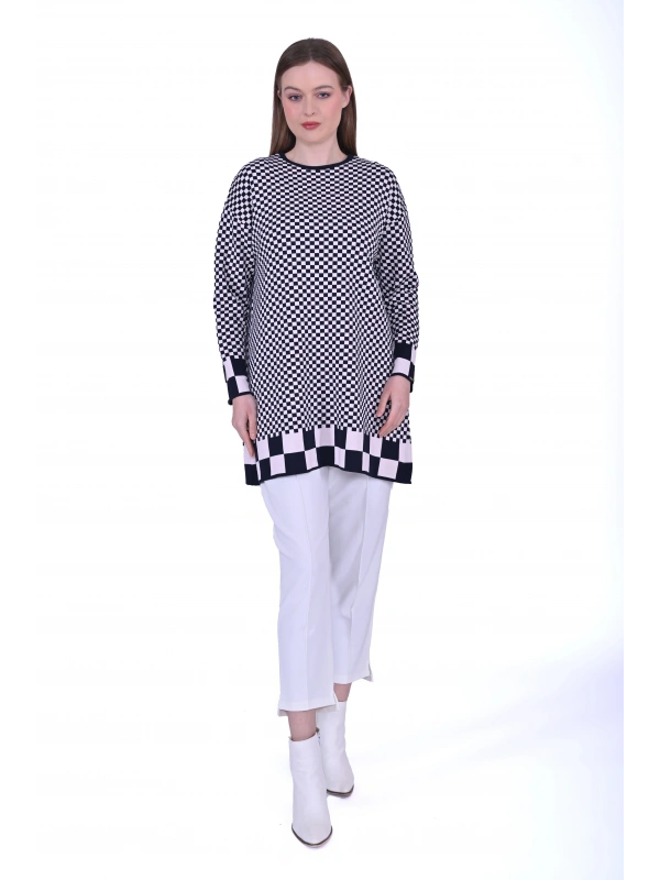 İNVEE 6873 Küp Desen Lacivert Triko Tunik