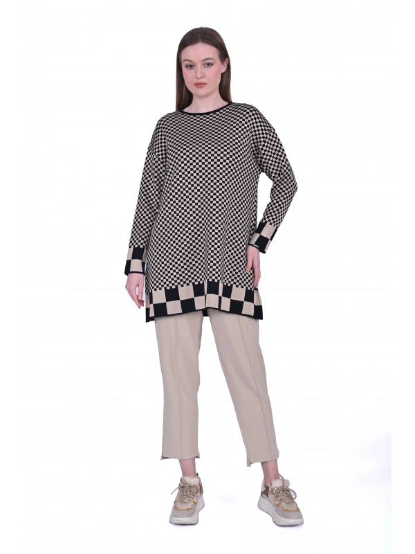 İNVEE 6873 Küp Desen Siyah Triko Tunik