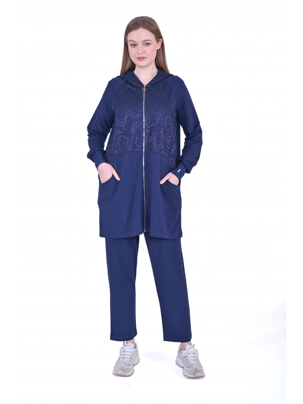 İNVEE 6876 Dantel Detaylı İki İplik Takım - Lacivert