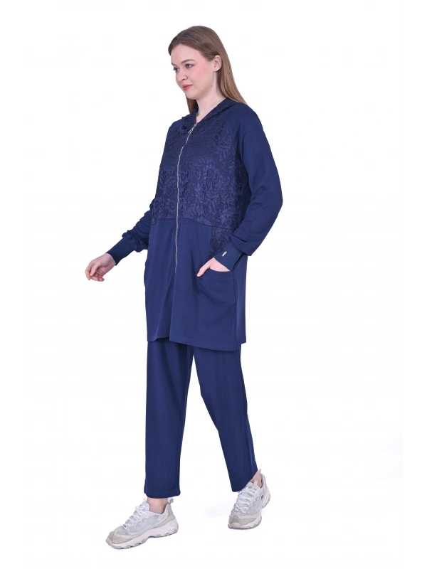 İNVEE 6876 Dantel Detaylı İki İplik Takım - Lacivert