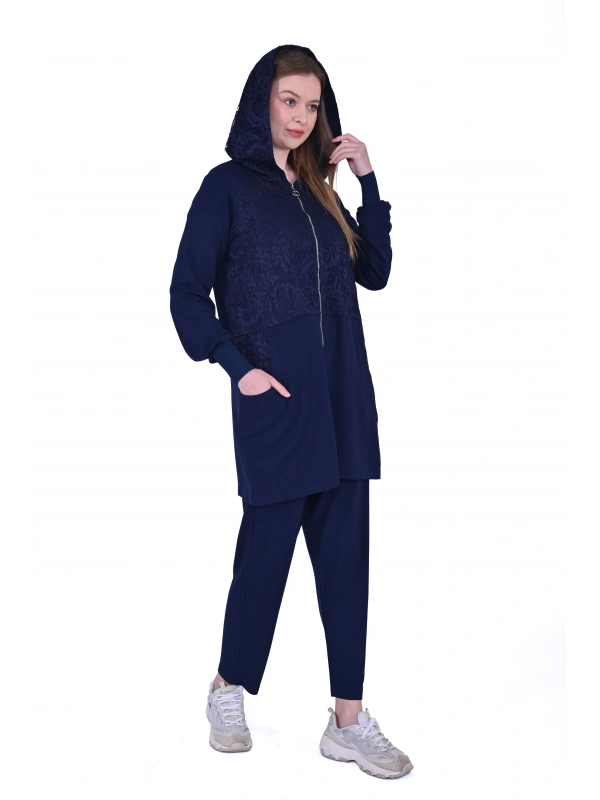 İNVEE 6876 Dantel Detaylı İki İplik Takım - Lacivert