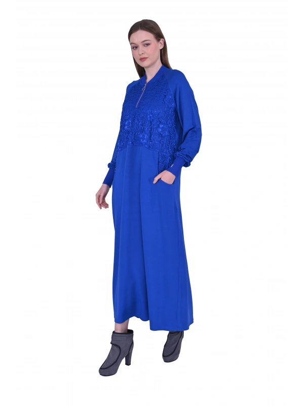 İNVEE Dantel Detaylı İki İplik Elbise - Sax