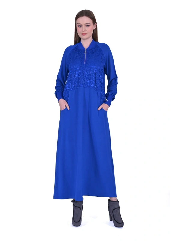 İNVEE Dantel Detaylı İki İplik Elbise - Sax