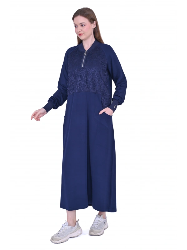 İNVEE Dantel Detaylı İki İplik Elbise - Lacivert