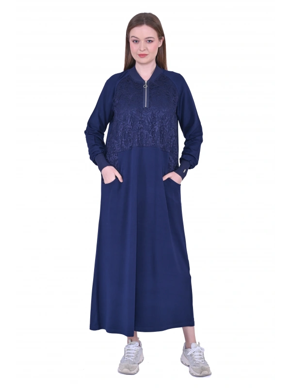 İNVEE Dantel Detaylı İki İplik Elbise - Lacivert