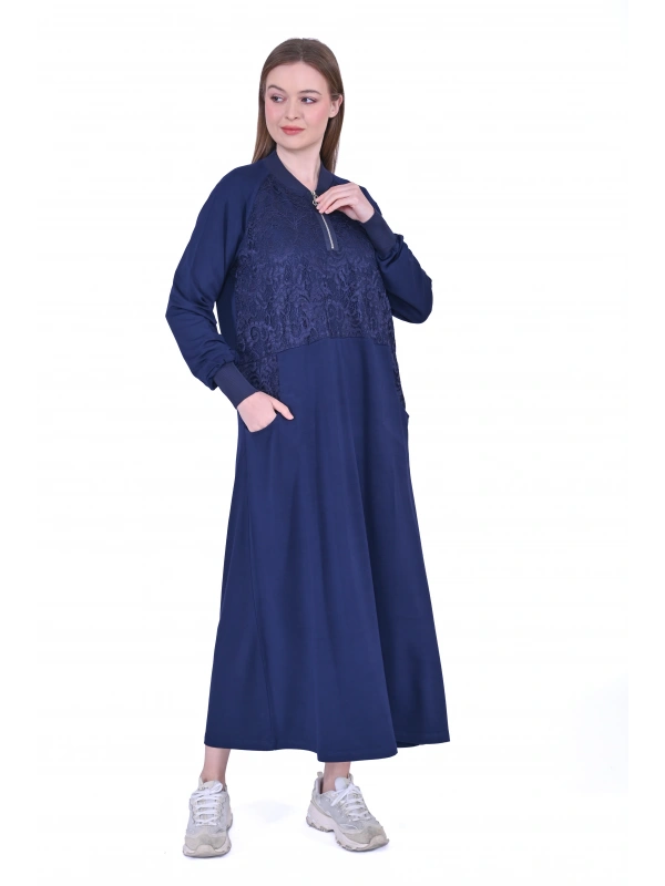 İNVEE Dantel Detaylı İki İplik Elbise - Lacivert