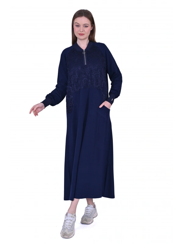 İNVEE Dantel Detaylı İki İplik Elbise - Lacivert
