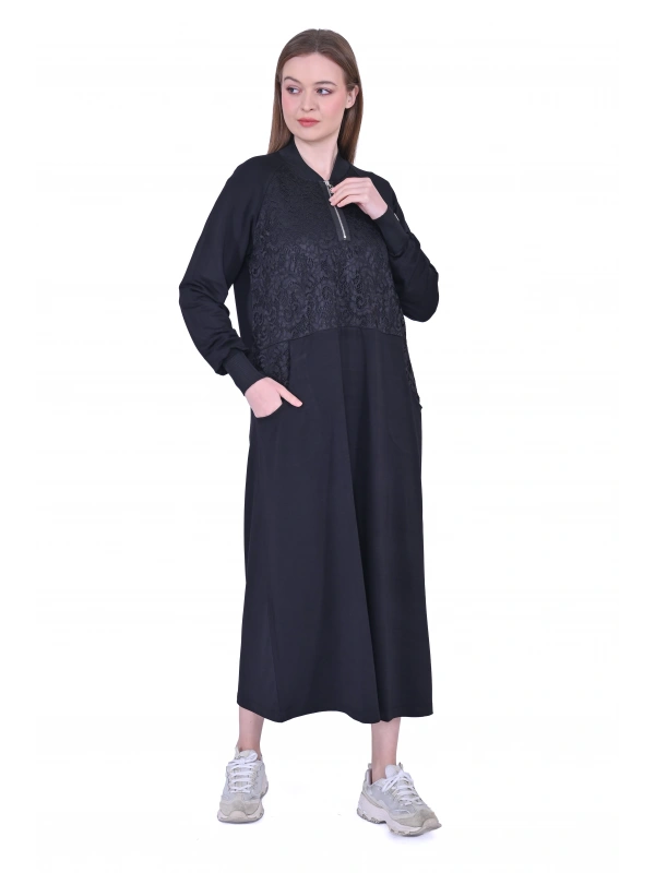 İNVEE Dantel Detaylı İki İplik Elbise - Siyah