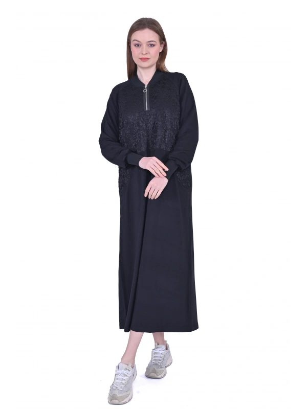 İNVEE Dantel Detaylı İki İplik Elbise - Siyah