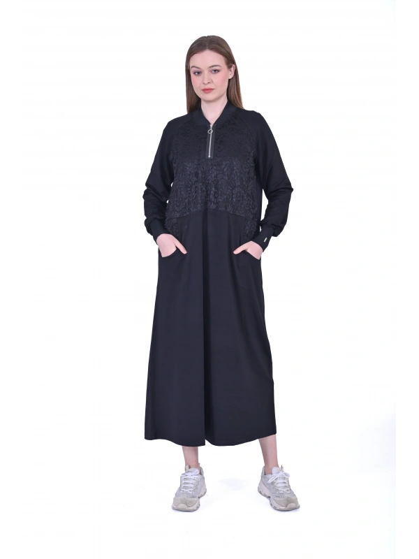 İNVEE Dantel Detaylı İki İplik Elbise - Siyah