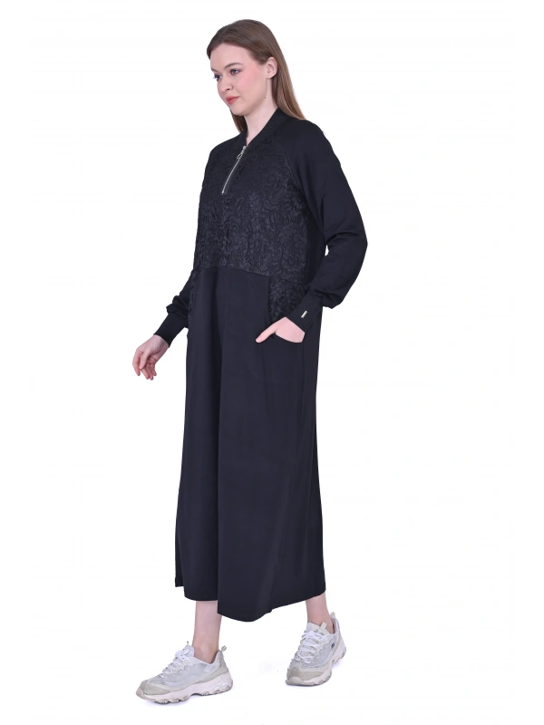 İNVEE Dantel Detaylı İki İplik Elbise - Siyah
