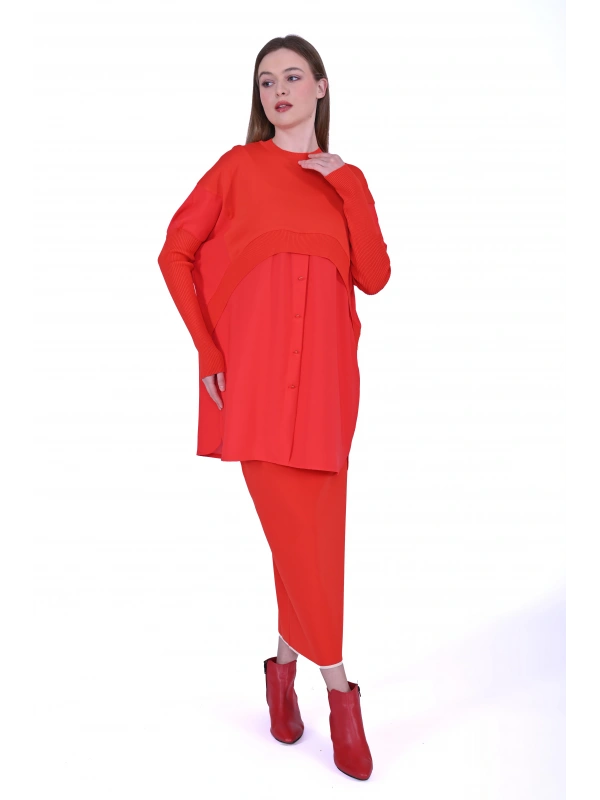 INVEE 6883 Kumaş/Triko Kırmızı Tunik