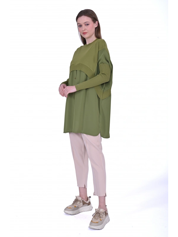 INVEE 6883 Kumaş/Triko Yağ Yeşili Tunik