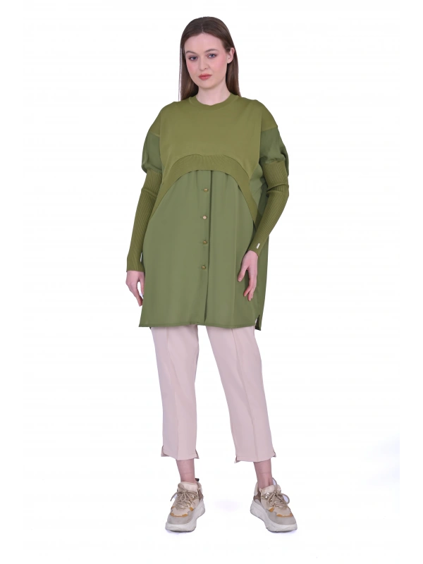 INVEE 6883 Kumaş/Triko Yağ Yeşili Tunik