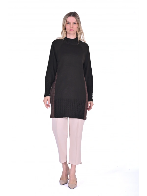 İNVEE 6884 Kapitone Detaylı Triko Tunik - Kahve
