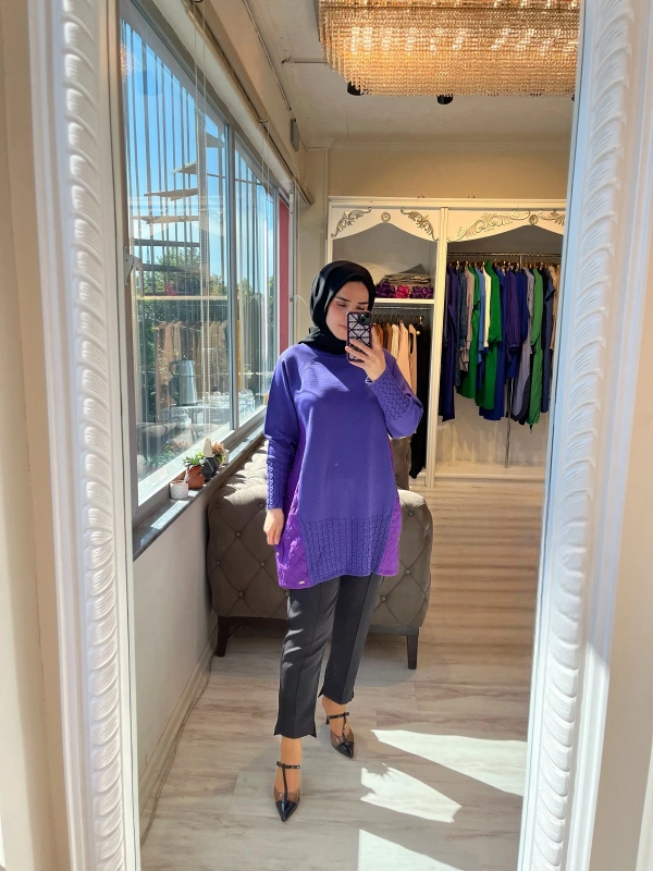İNVEE 6884 Kapitone Detaylı Triko Tunik - Mor