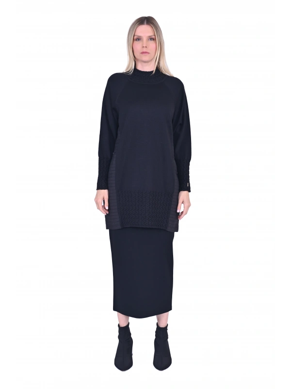 İNVEE 6884 Kapitone Detaylı Triko Tunik - Siyah