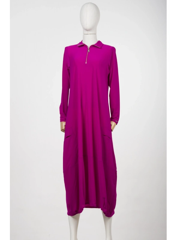 İNVEE 6886 Fermuarlı Fuşya Elbise