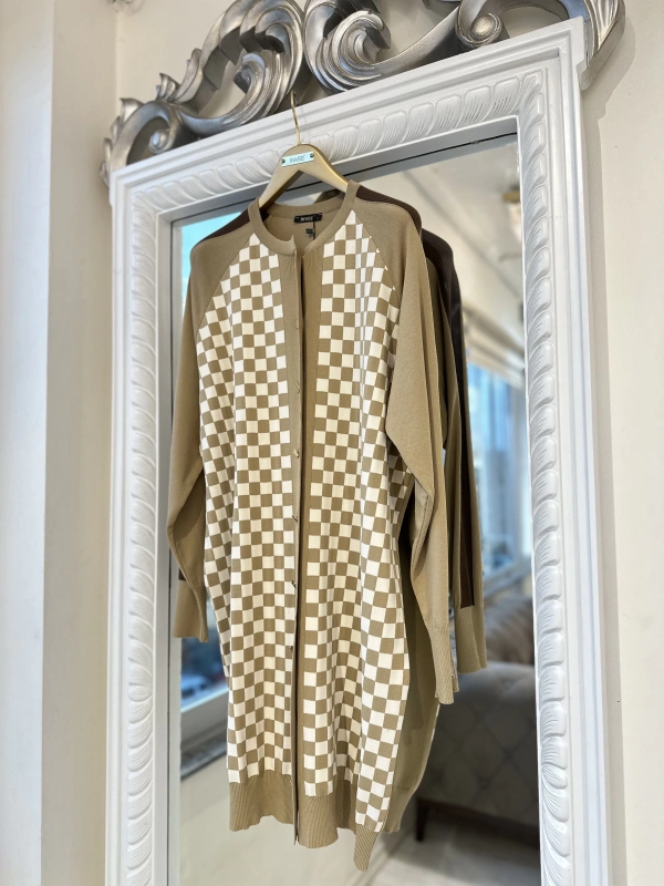 İNVEE 6891 Triko Damalı Hırka - Camel