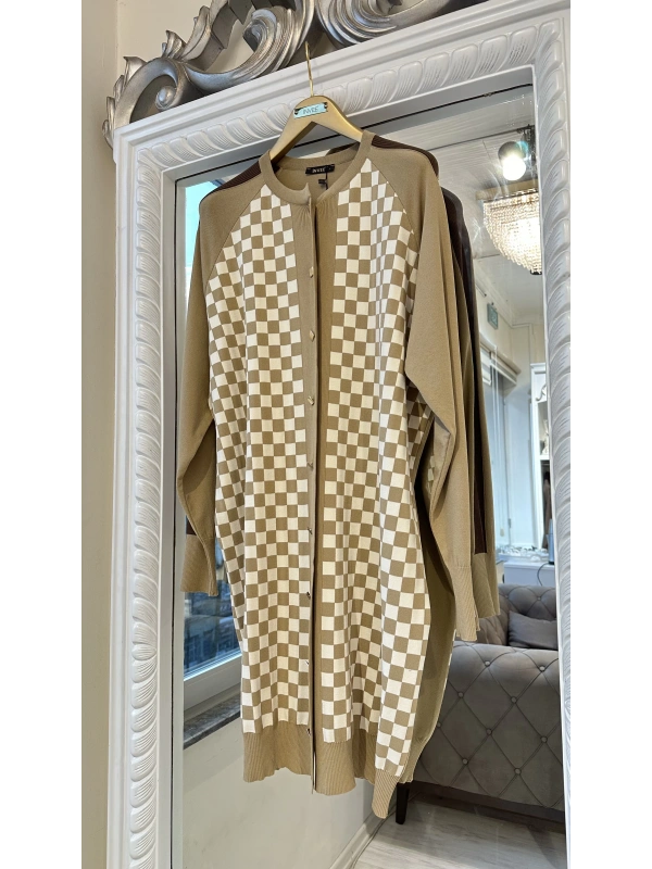 İNVEE 6891 Triko Damalı Hırka - Camel