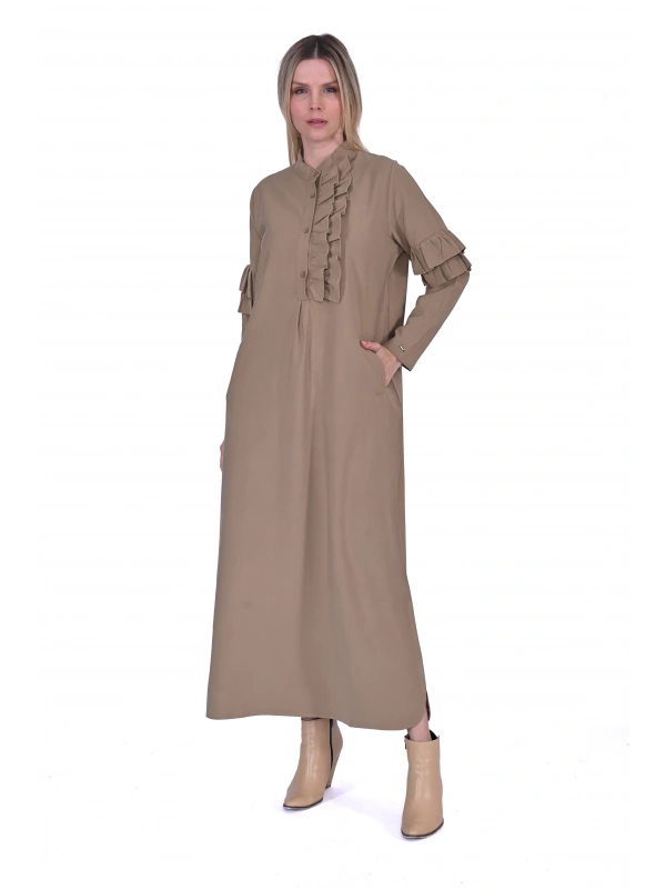 İNVEE 6925 Fırfır Detaylı Camel Elbise