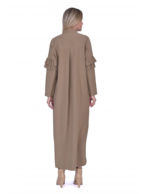 İNVEE 6925 Fırfır Detaylı Camel Elbise