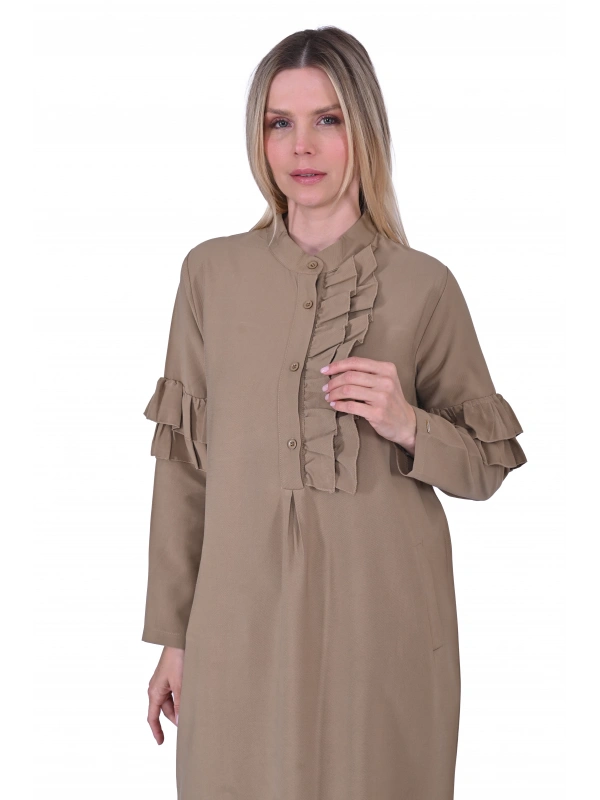 İNVEE 6925 Fırfır Detaylı Camel Elbise