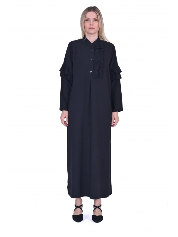 İNVEE 6925 Fırfır Detaylı Siyah Elbise