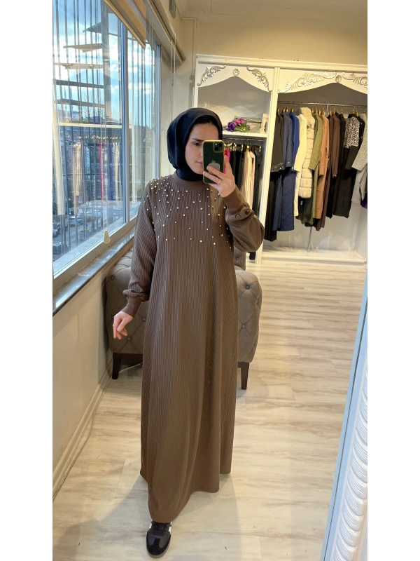 İNVEE 6934 Taşlı Elbise - Kahverengi