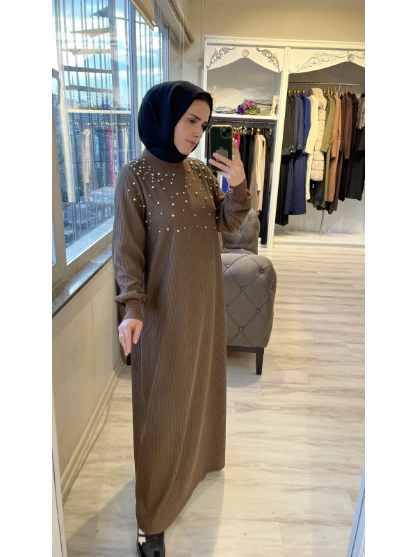 İNVEE 6934 Taşlı Elbise - Kahverengi