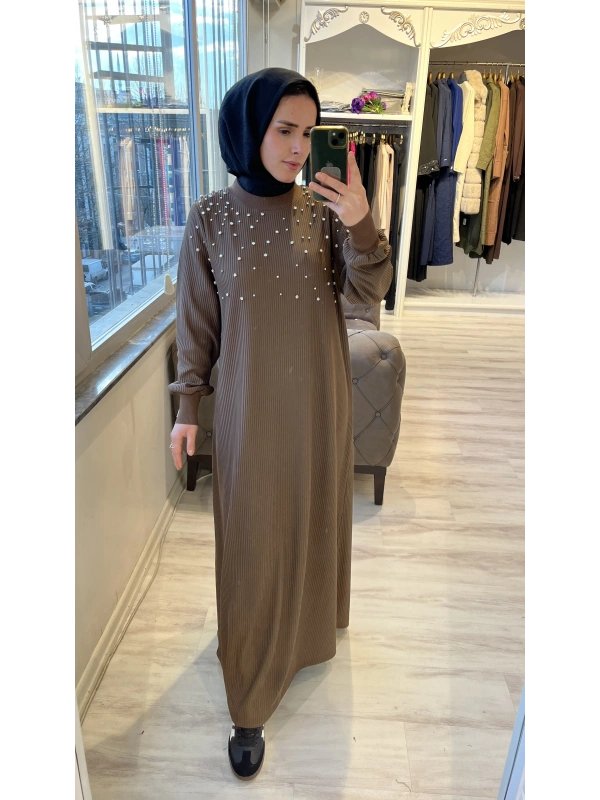 İNVEE 6934 Taşlı Elbise - Kahverengi